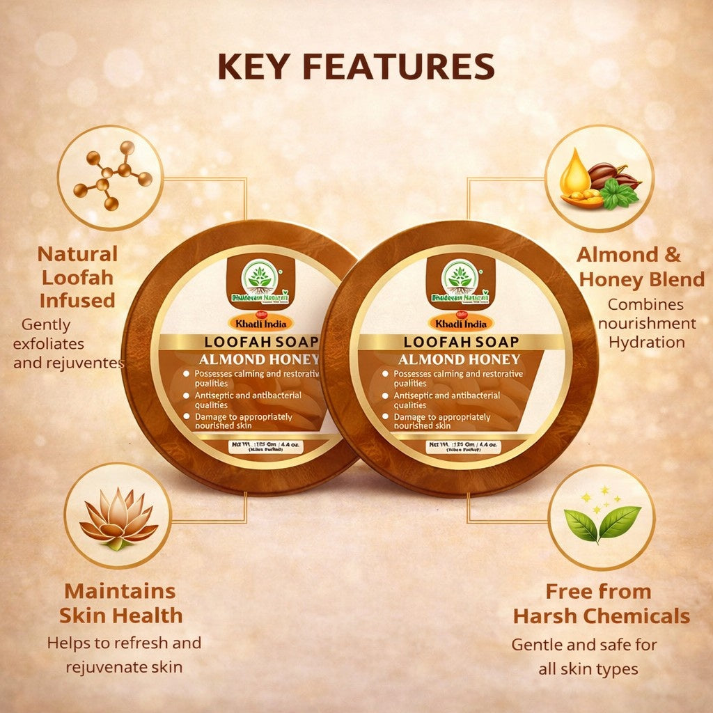 Bhudevam Naturals Khadi Almond Honey Loofah Soap – Natural Exfoliating Bath Soap for Soft & Glowing Skin- 250GM (Pack of 2)