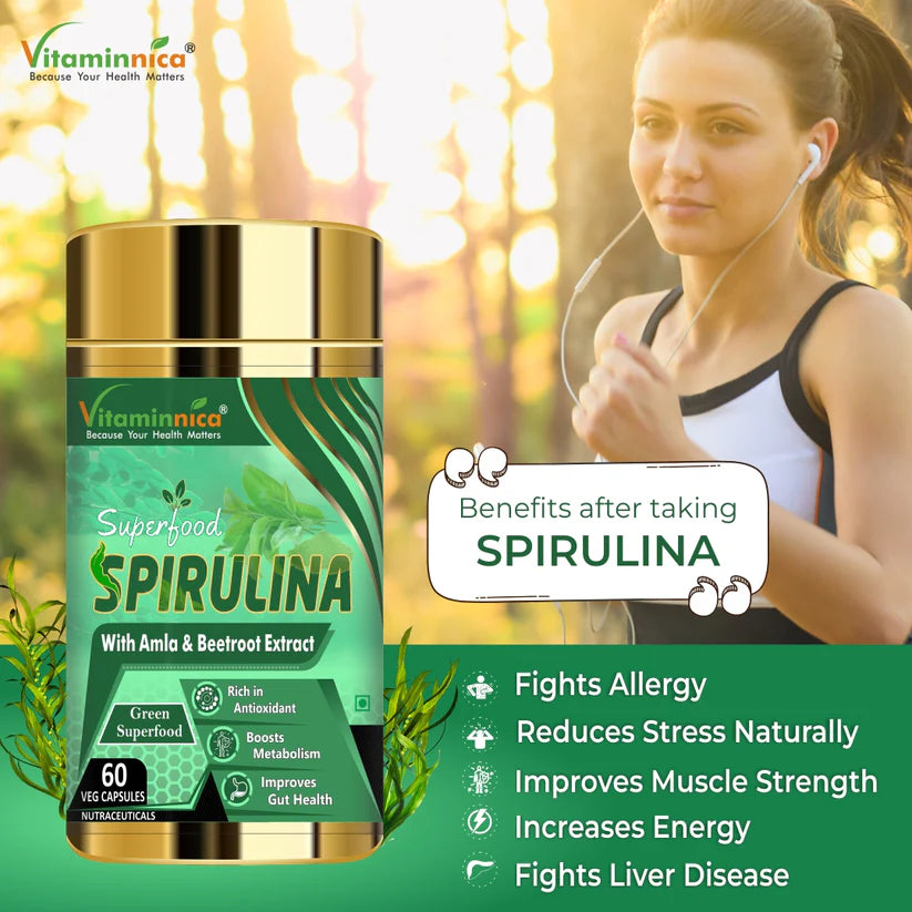 Vitaminnica Spirulina Capsules - Super Green Food for Immune Support & Detox, 60 Count