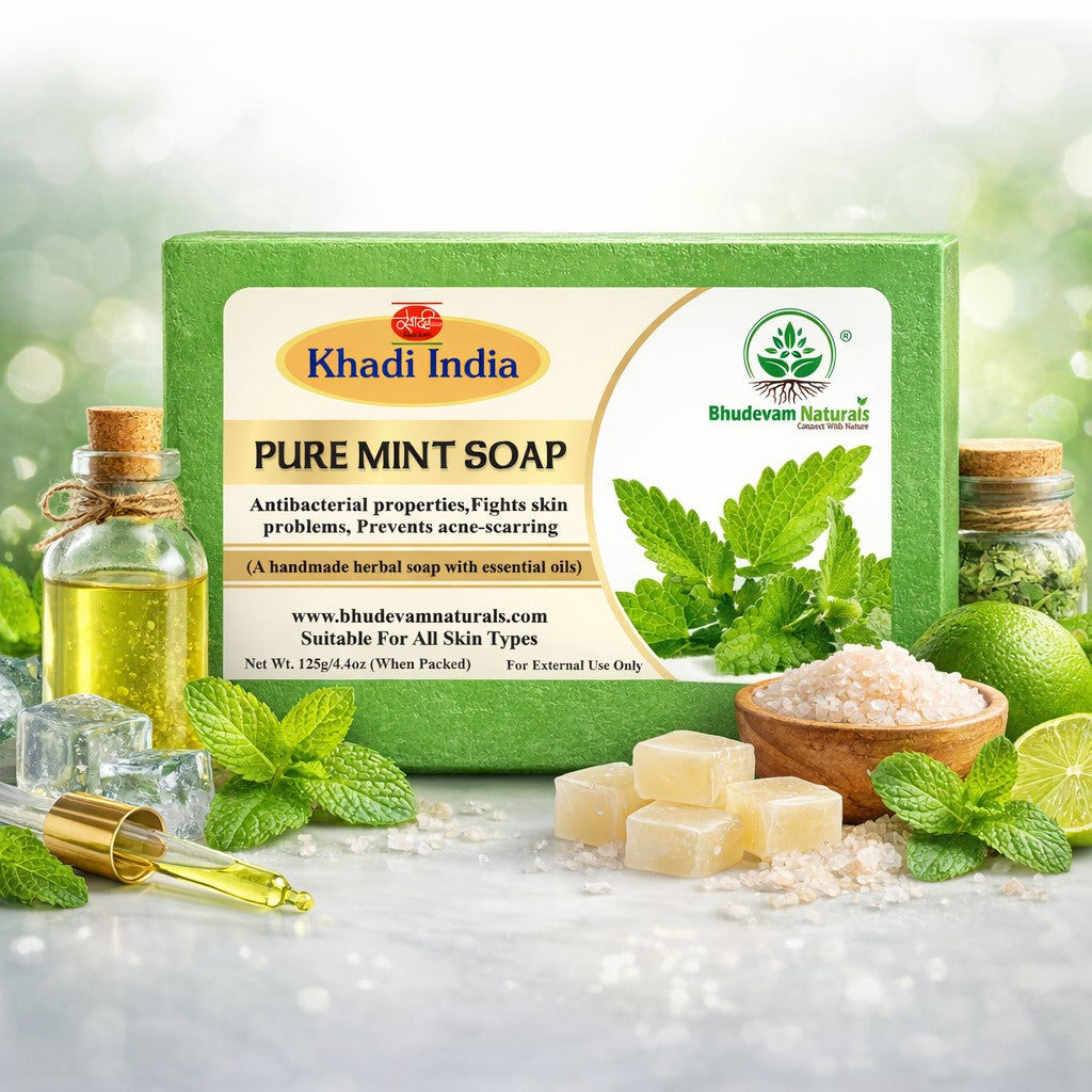 Bhudevam Naturals Khadi Mint Soap for Bath – Cooling Effect, Antibacterial Body Soap, Keeps Skin Fresh & Clean All Day - 500GM (Pack of 4)