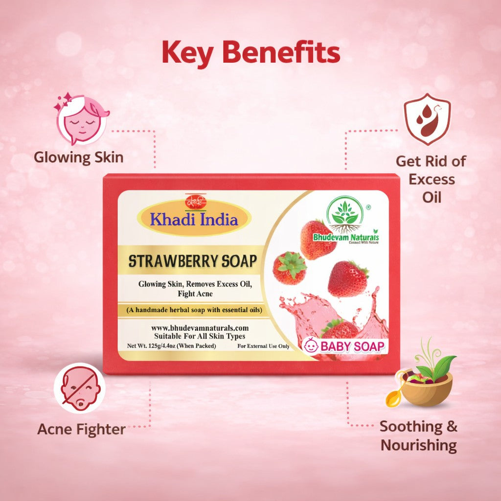 Bhudevam Naturals Khadi Strawberry Handmade Bath Soap for Soft, Smooth & Radiant Skin- 500GM (Pack of 4)