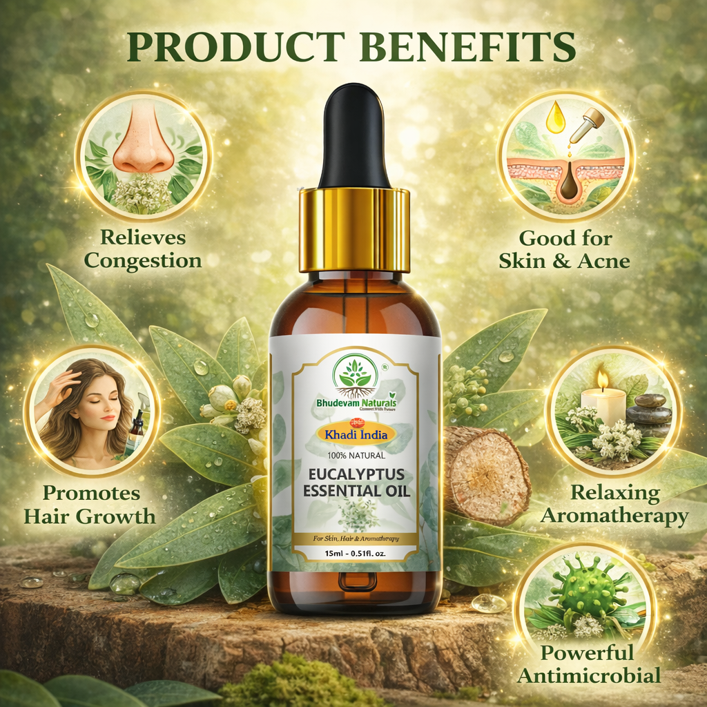 Bhudevam Naturals Khadi Eucalyptus Essential Oil for Steam Inhalation, Headache Relief & Muscle Pain - 15ML