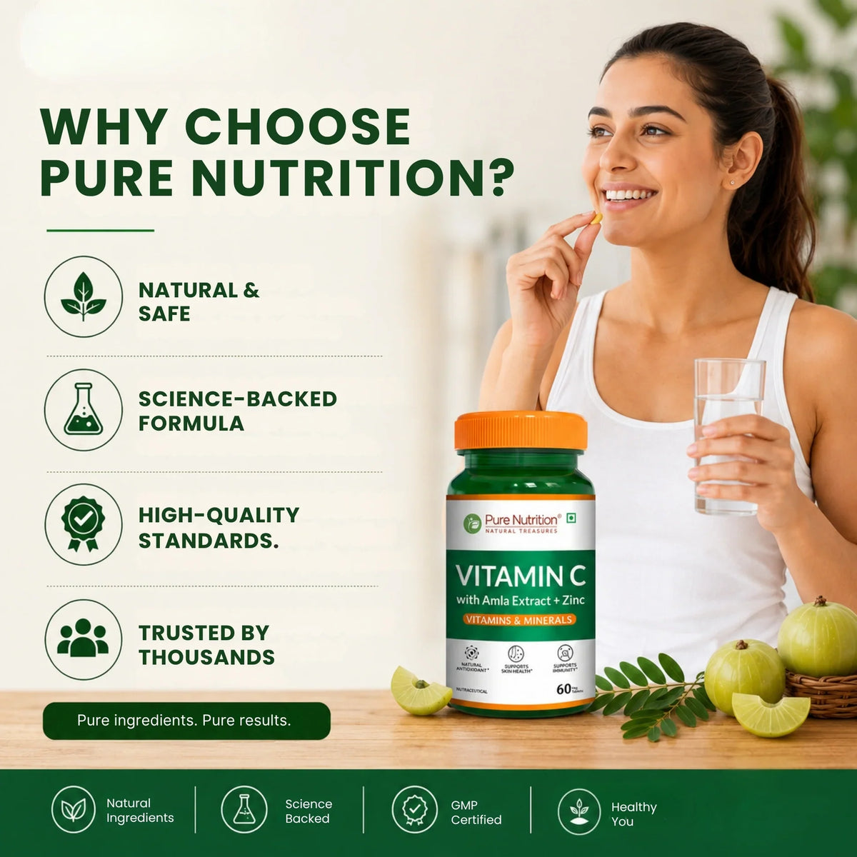 Pure Nutrition Vitamin C with Amla Extract + Zinc Tablets | Boost Immunity | Support In Skin & bone Health - 60 Veg Tablets