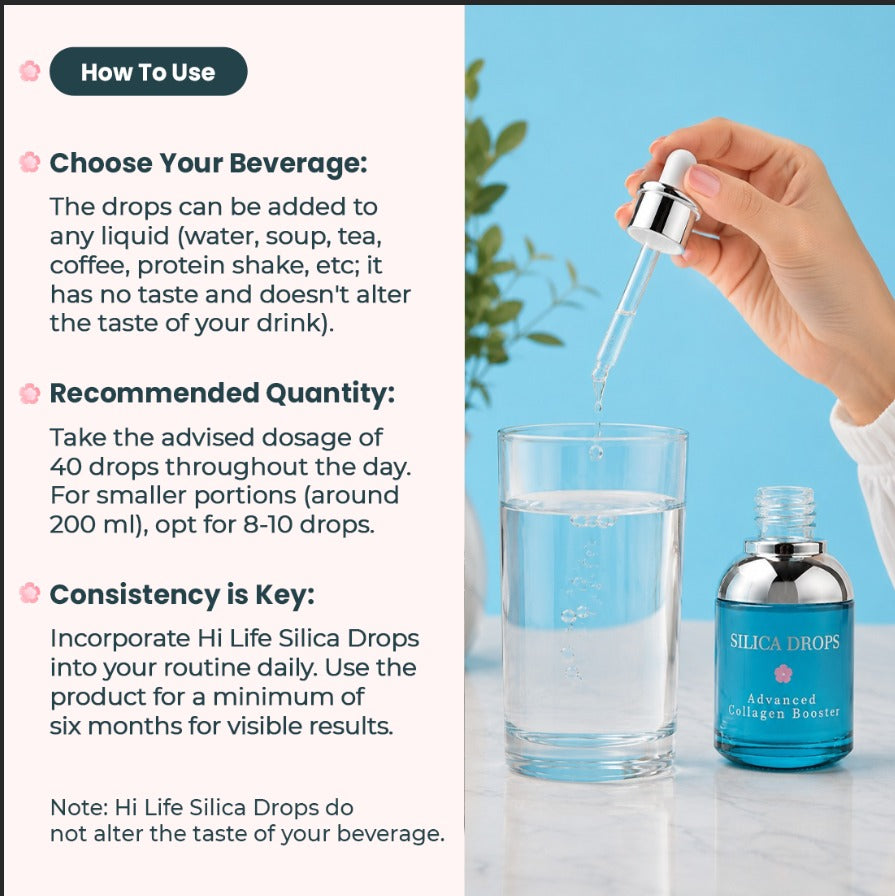Hi Life Silica Drops Advanced Collagen Booster | Ionic Liquid Mineral Supplement for Skin Elasticity, Hair Strength & Joint Support (60 ml)