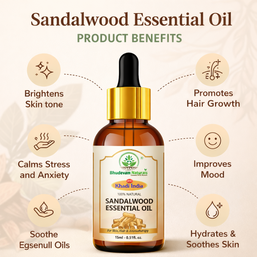 Bhudevam Naturals Khadi Sandalwood Essential Oil for Skin Care, Aromatherapy, Meditation, Diffuser & Massage -15ml