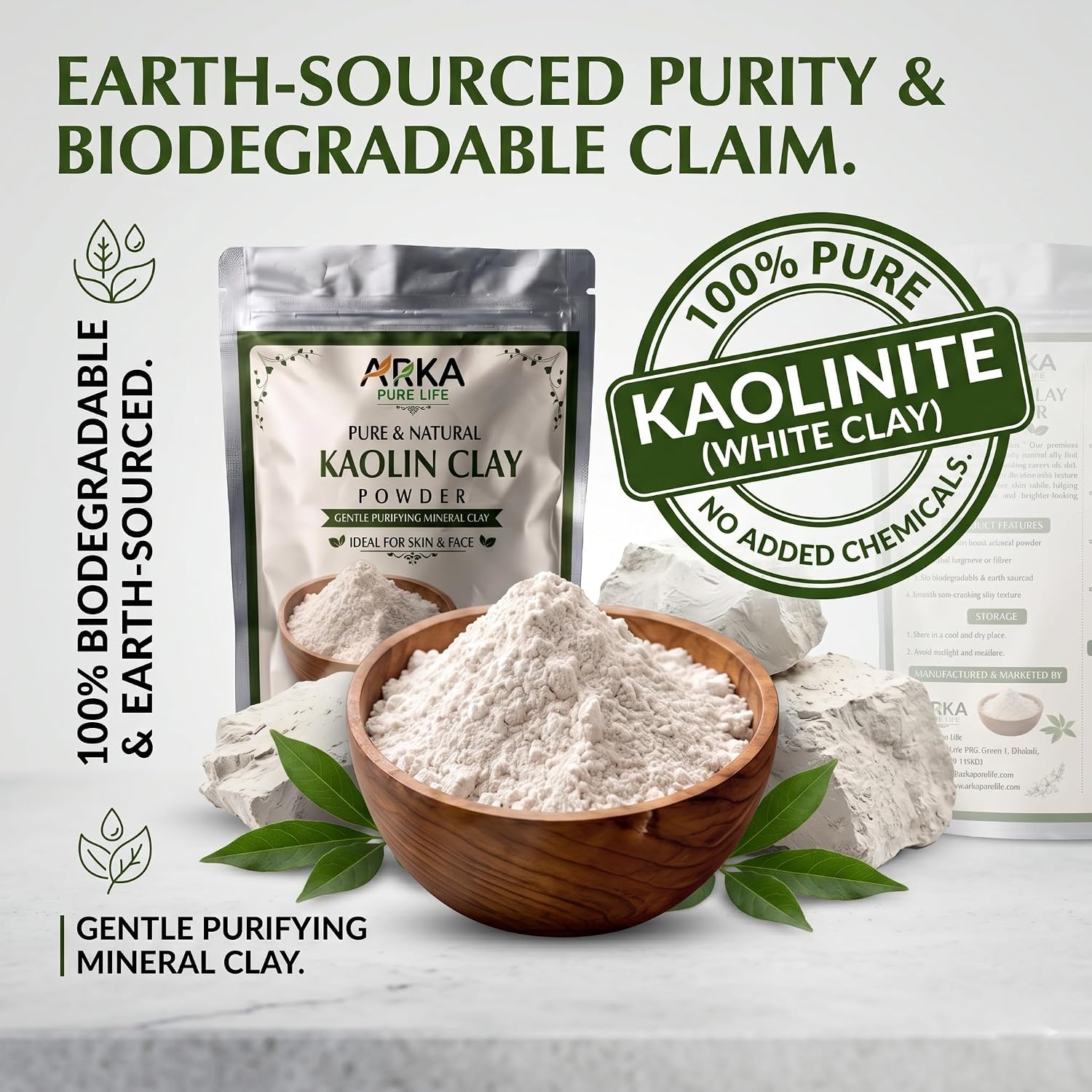 Arka Pure Life Pure Kaolin Clay Powder – Natural Face Mask for Deep Cleansing, Oil Control & Smooth-Looking Skin – 200g