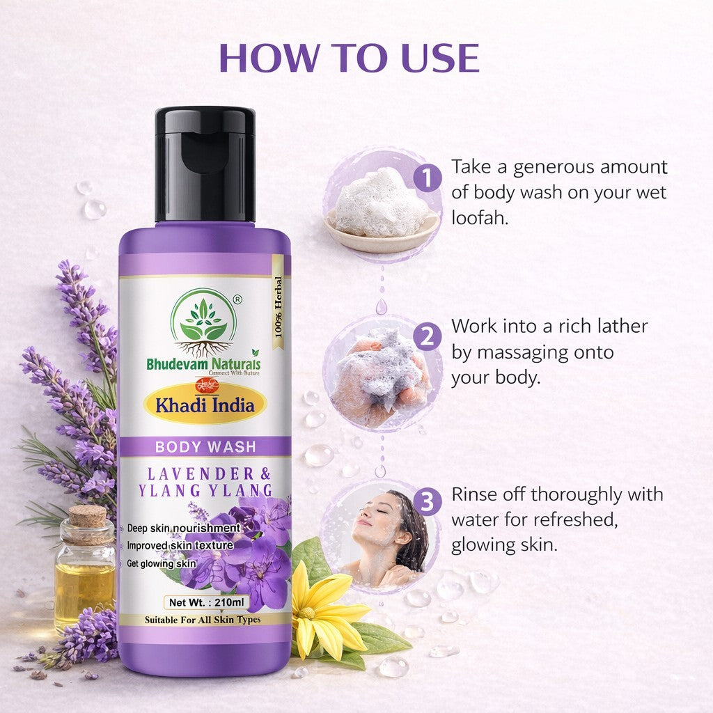 Bhudevam Naturals Khadi Lavender Ylang Ylang Body Wash, Soothing & Relaxing Skin Cleanser- 210ML
