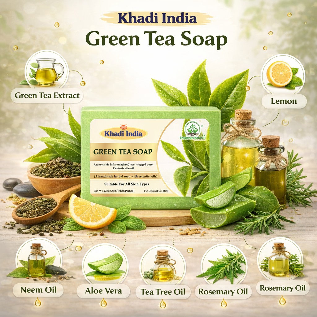 Bhudevam Naturals Khadi Green Tea Bath Soap for Clear & Healthy Skin | Natural Handmade Soap for Acne & Oil Control- 500GM (Pack of 4)