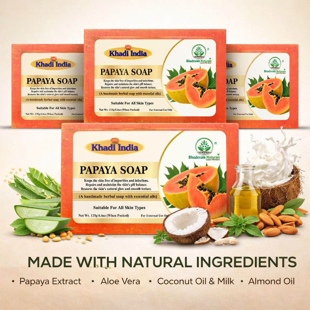 Bhudevam Naturals Khadi Handmade Papaya Soap Bar – Exfoliating & Deep Cleansing Bath Soap for Face & Body - 500GM (Pack of 4)