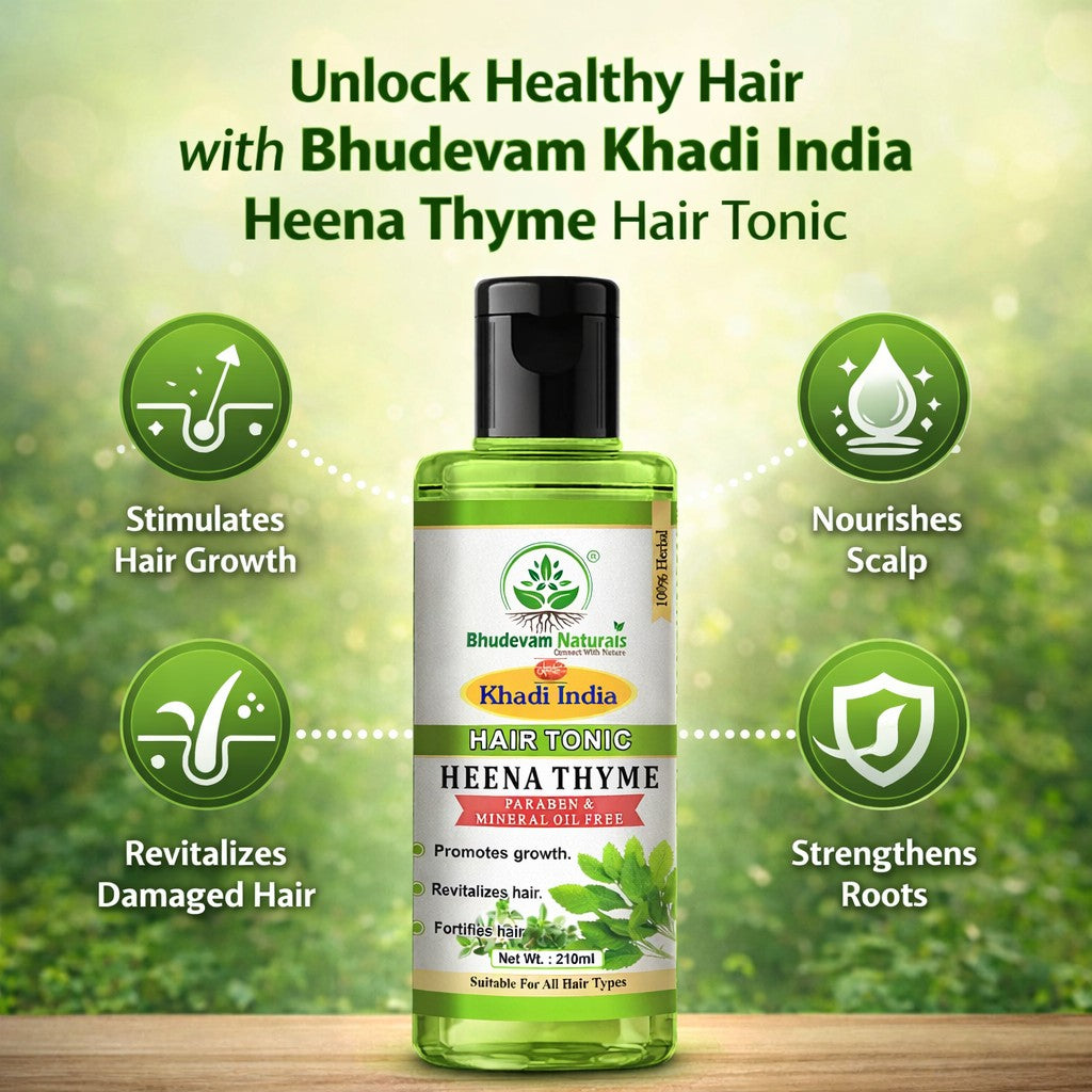 Bhudevam Naturals Khadi Henna Thyme Herbal Hair Tonic for Hair Growth, Frizz Control & Scalp Hydration- 210ML
