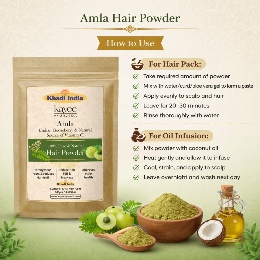 Kayee Ayurveda Amla Powder for Hair, Herbal Hair Care Powder for Nourishment & Scalp Care, Helps Improve the Appearance of Dry, Dull & Weak-Looking Hair, Ayurvedic-Inspired Hair Care for Men & Women | 100 g