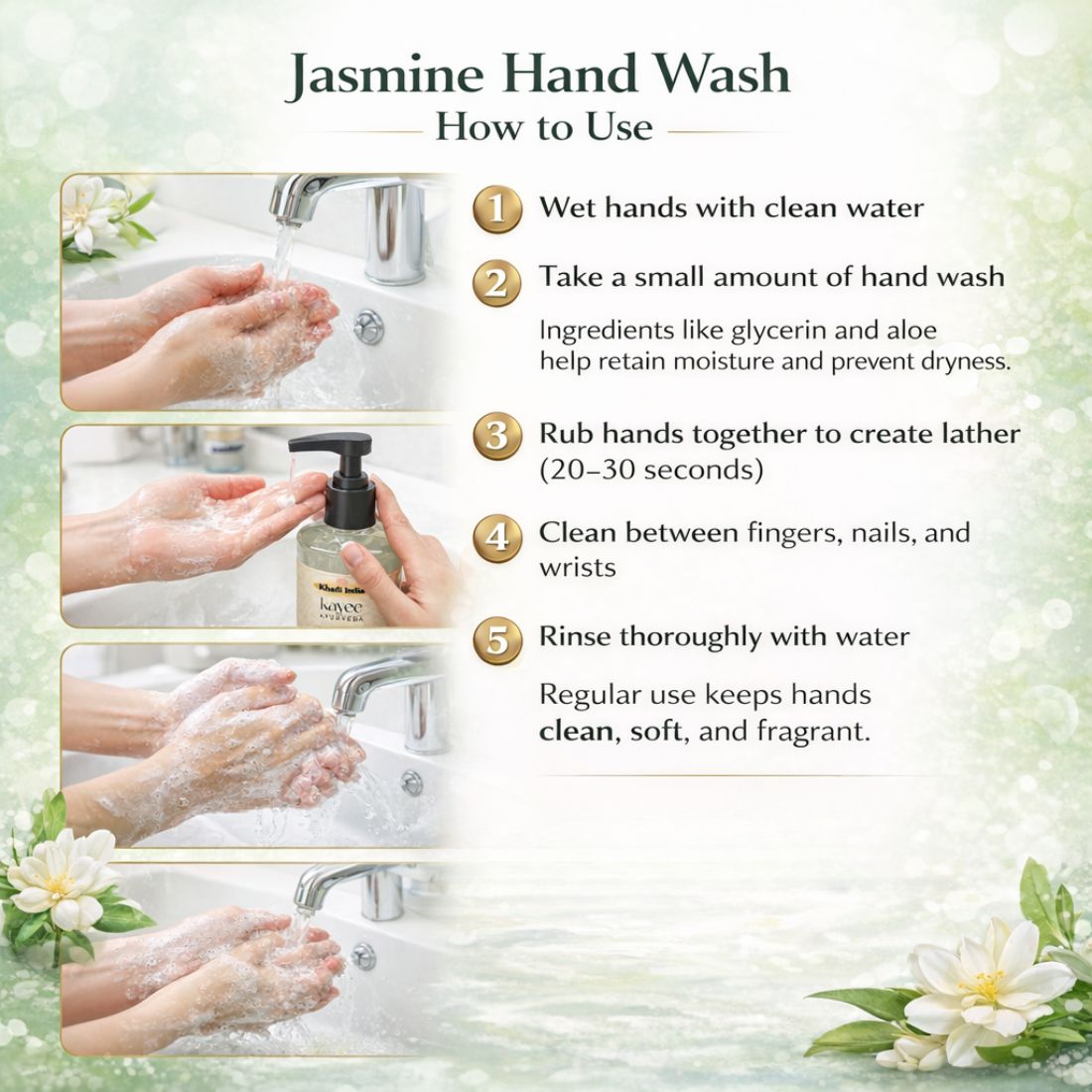Kayee Ayurveda Jasmine Hand Wash | Gentle Herbal Liquid Hand Wash with Jasmine | Cleansing Hand Wash for Clean, Fresh & Soft-Feeling Hands | Daily Hand Hygiene & Refreshing Floral Care | Suitable for Everyday Use | 500 ml