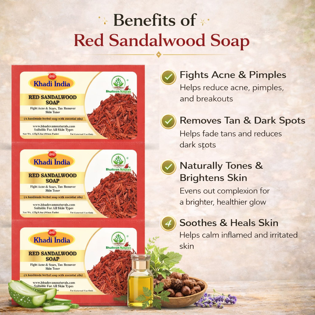 Bhudevam Naturals Khadi Red Sandalwood Soap For Natural Skin Brightening & Tan Removal Bath Soap - 500GM (Pack of 4)