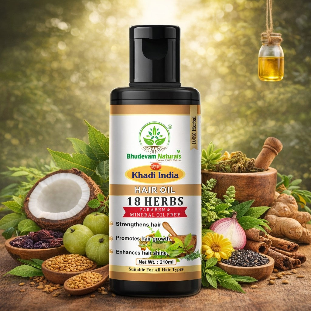 Bhudevam Naturals Khadi 18 Herb Hair Oil for for Strong, Thick & Healthy Hair- 210ML