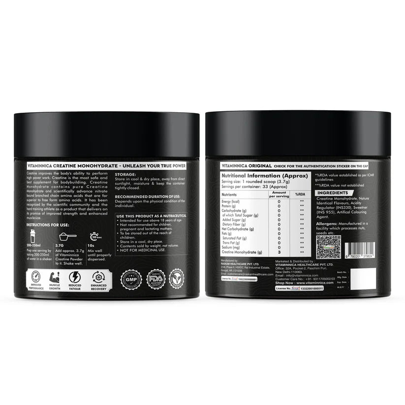 Vitaminnica Micronized Creatine Monohydrate Powder - Orange Flavour, Muscle Growth & Strength, 122g