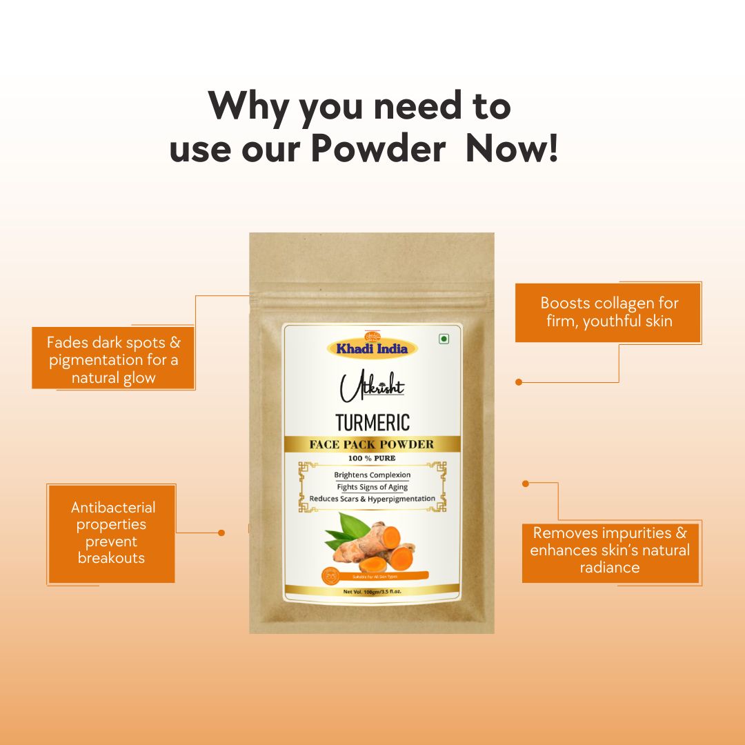 Khadi Turmeric Powder for Face & Body | 100% Pure Natural Haldi Powder | Ayurvedic Skin Brightening, Acne-Prone & De-Tan Care | Helps Improve Skin Glow & Even-Toned Appearance | Herbal Face & Body Pack | For All Skin Types | 100 gm