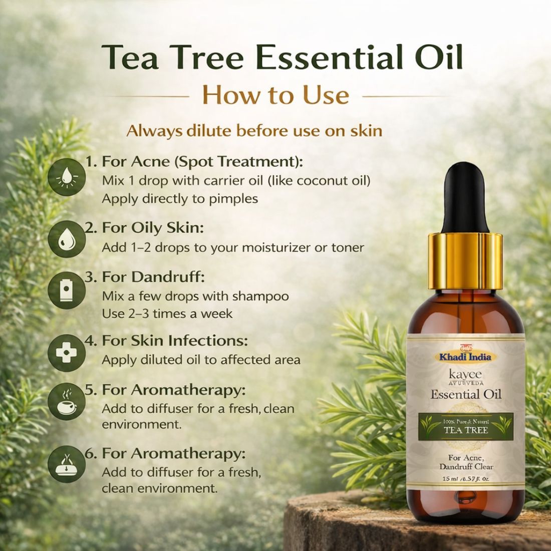 Kayee Ayurveda Tea Tree Essential Oil for Face & Hair Care, Aromatherapy & Diffuser, Herbal Aroma Oil for Skin Care, Scalp Care, Yoga, Meditation, Massage & Home Fragrance | 15 ml