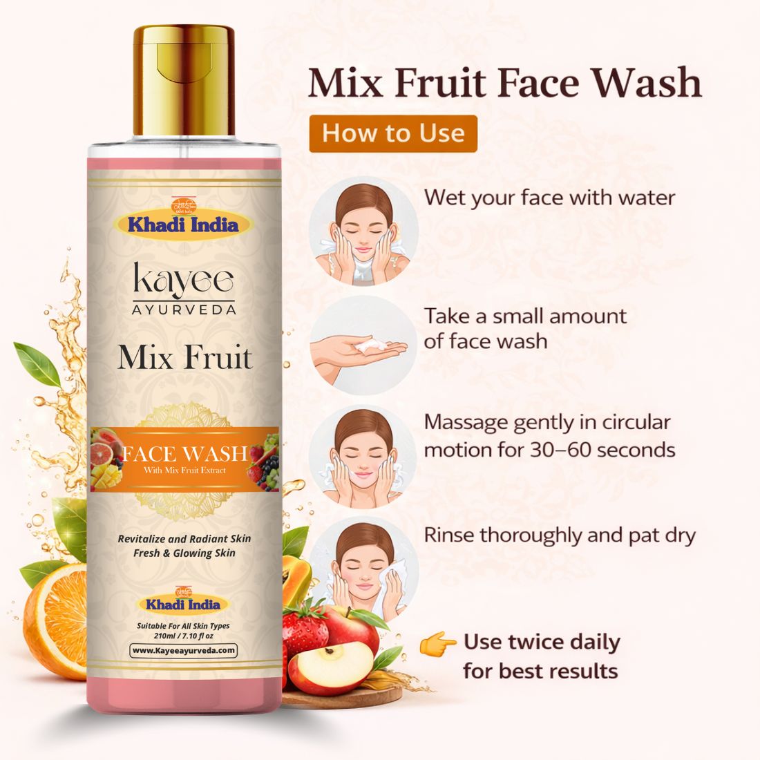 Kayee Ayurveda Mix Fruit Face Wash for Men & Women | Herbal Fruit-Enriched Facial Cleanser for Daily Skin Care | Helps Remove Dirt, Excess Oil, Sweat & Impurities While Leaving Skin Fresh, Soft, Smooth & Healthy-Looking | 210 ml