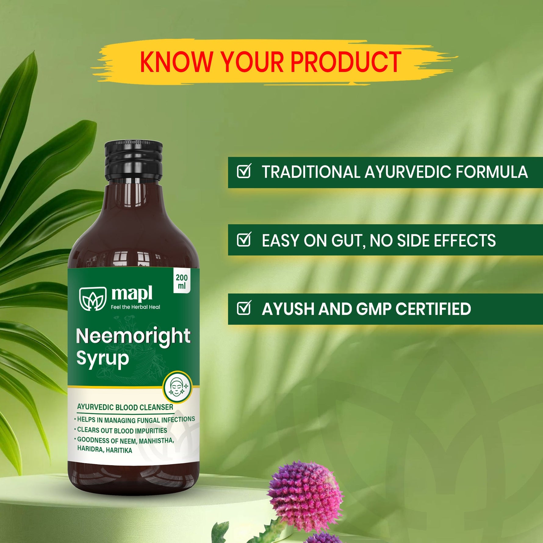 MAPL Neemoright Syrup | Ayurvedic Blood Purifier & Skin Care | Reduces Acne, Itching, Inflammation, Fights Skin Infections & Boosts Immunity | 200 ml