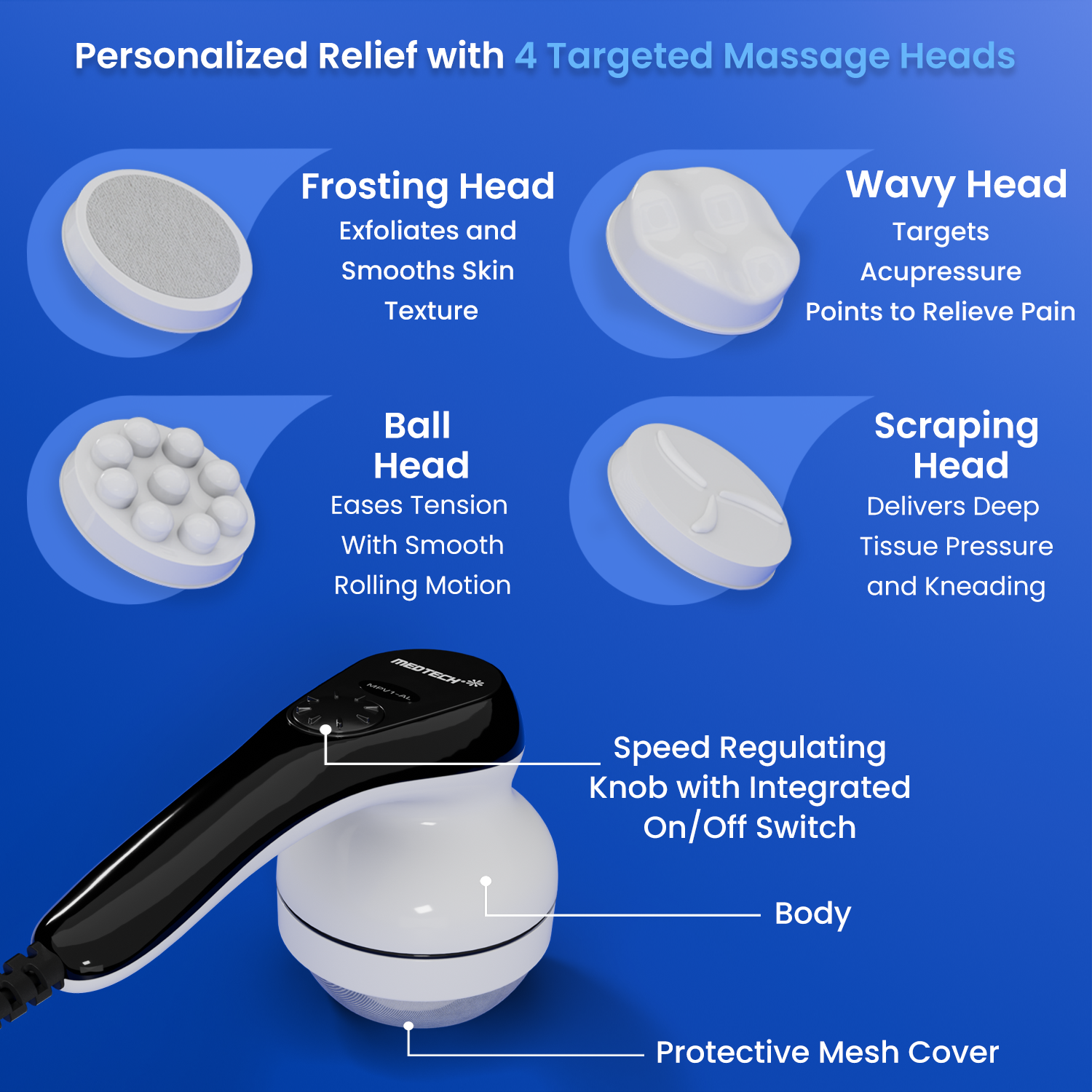 Medtech Manipol Electric Body Massager 4 Heads Adjustable Speed Corded MPV1-AL Massager (Black)