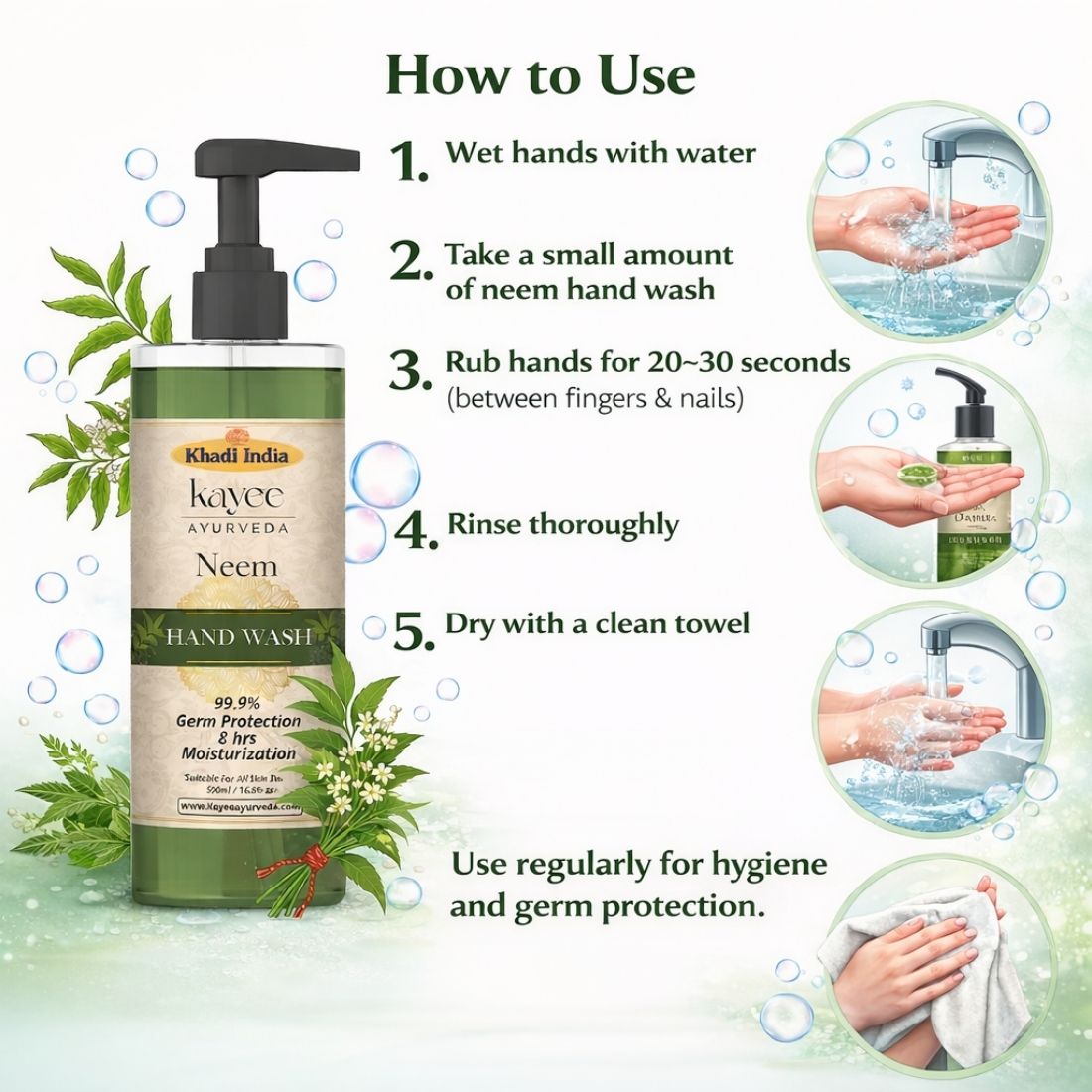 Kayee Ayurveda Neem Hand Wash | Herbal Neem Liquid Hand Wash for Gentle Everyday Cleansing | Natural Neem Hand Wash for Clean, Fresh & Soft-Feeling Hands | Daily Hand Hygiene & Herbal Personal Care | Suitable for Everyday Use | 500 ml