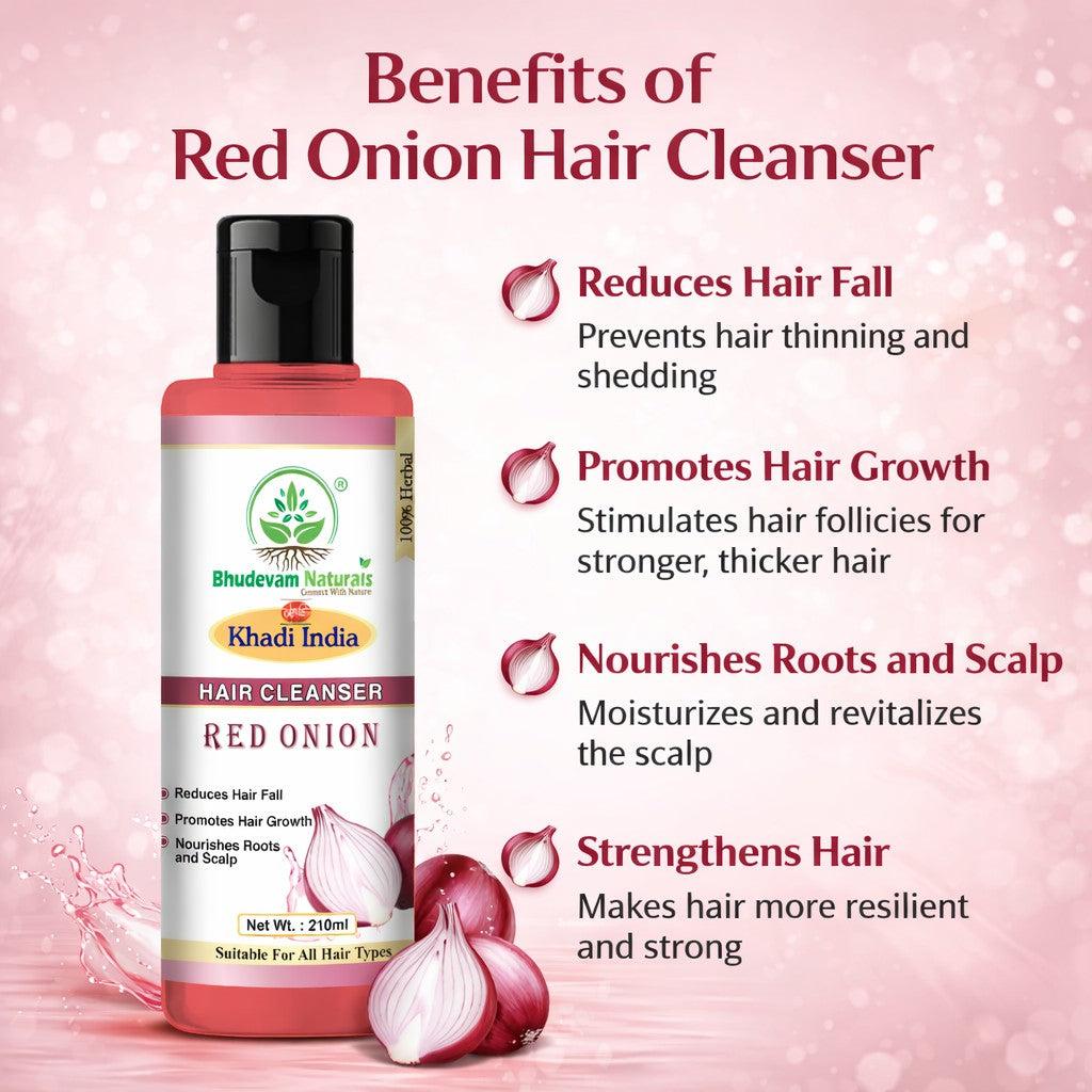 Bhudevam Naturals Khadi Red Onion Hair Shampoo – Anti-Hair Fall & Strengthening Formula- 420ML (Pack of 2)