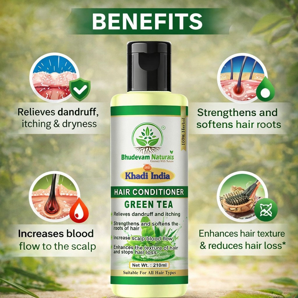 Bhudevam Naturals Khadi Green Tea Aloe Vera Conditioner – Strengthening & Moisturizing Hair Care Formula- 420ML (Pack of 2)
