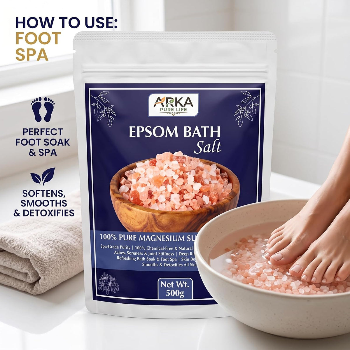 Arka Pure Life Epsom Bath Salt – Magnesium Sulfate Bath Salt for Relaxing Soak, Muscle & Body Care – 500g