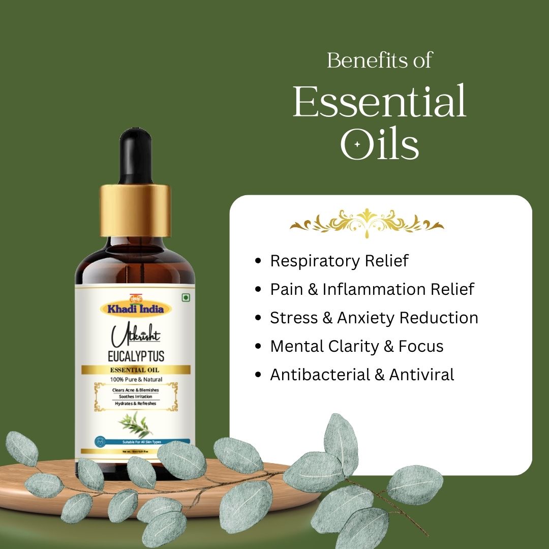 Khadi Eucalyptus Essential Oil | Pure & Natural Eucalyptus Oil for Body Care, Aromatherapy & Relaxation | Refreshing Herbal Essential Oil for Massage & Steam Inhalation | 15 ml