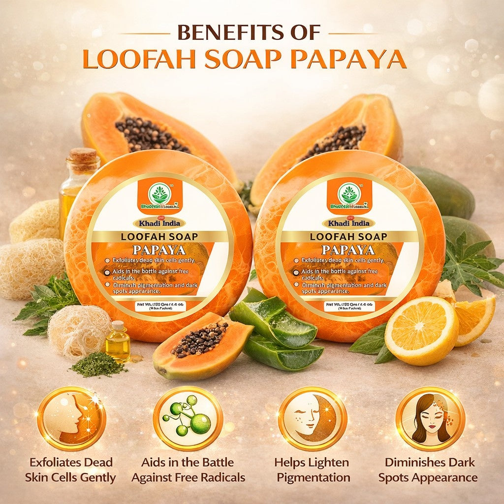 Bhudevam Naturals Khadi Papaya Loofah Soap – Natural Exfoliating Bath Soap for Glowing & Smooth Skin- 250GM (Pack of 2)
