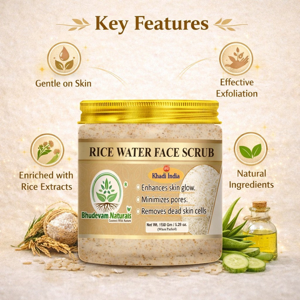 Bhudevam Naturals Khadi Rice Water Face Scrub for Women & Men – Gentle Exfoliation for Clear, Smooth & Radiant Skin-150GM