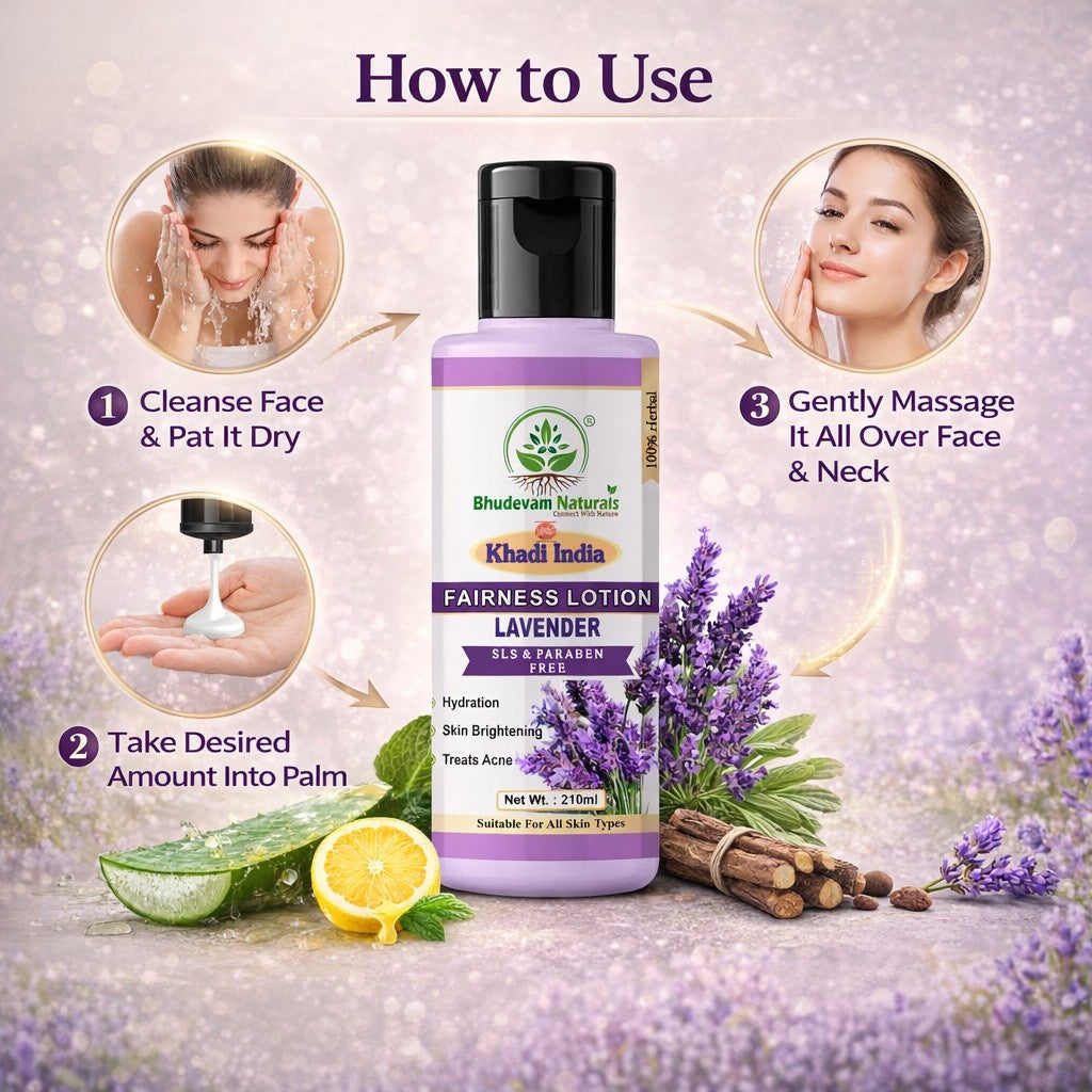 Bhudevam Naturals Khadi Lavender Fairness Lotion for Women & Men – Even Skin Tone & Radiant Glow Moisturizer- 210ML