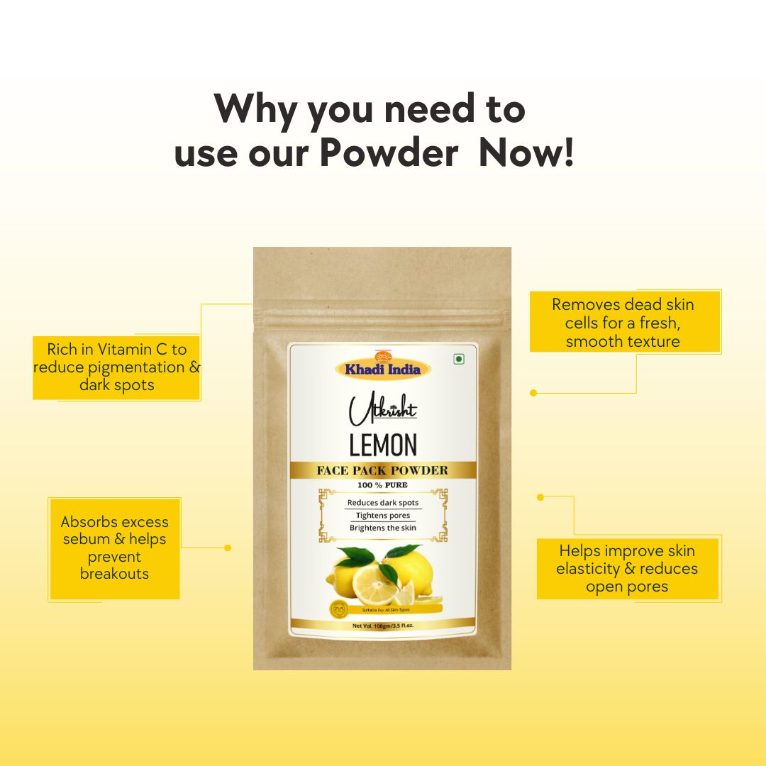 Khadi Lemon Powder for Face & Skin | 100% Natural Lemon Peel Powder | Vitamin C-Rich Face Pack for Skin Brightening & De-Tan Care | Helps Control Excess Oil & Improve Skin Texture | For All Skin Types | 100 gm