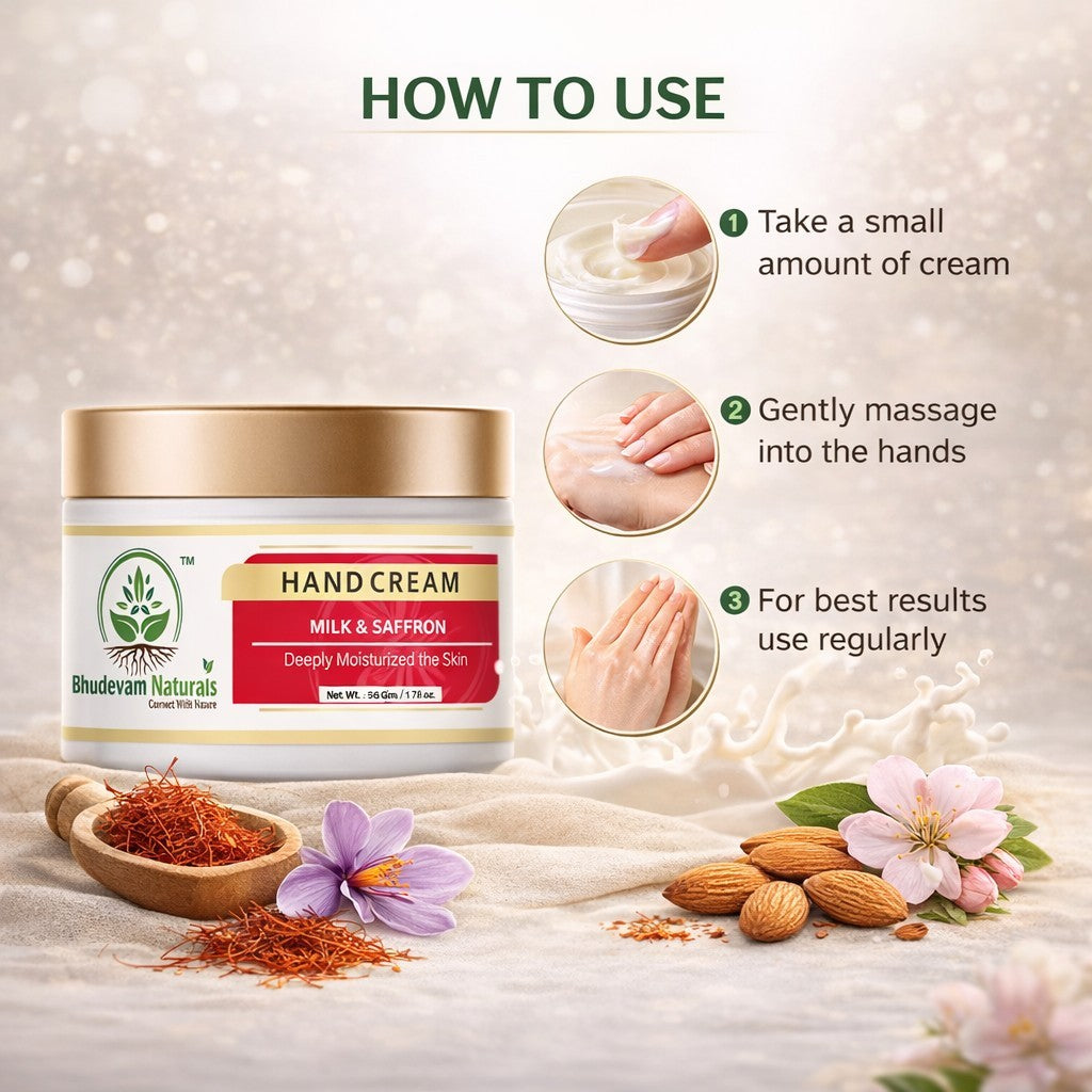 Bhudevam Naturals Khadi Milk & Saffron Hand Cream – Deep Moisturizing & Skin Brightening Hand Care Cream- 50GM