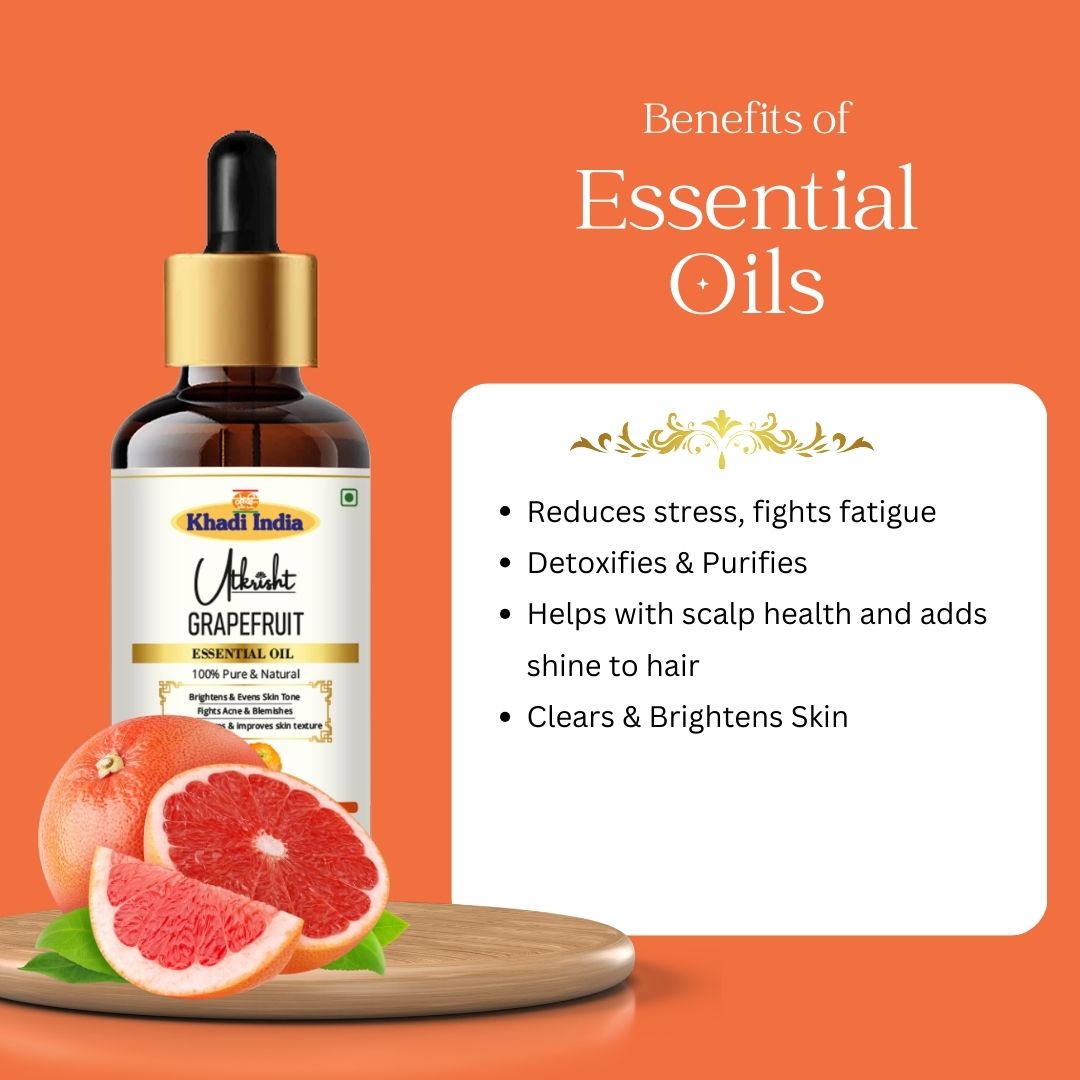 Khadi Grapefruit Essential Oil | Pure & Natural Grapefruit Oil for Face & Skin Care | Essential Oil for Oily & Acne-Prone Skin | Brightening & Refreshing Aromatherapy Oil | 15 ml