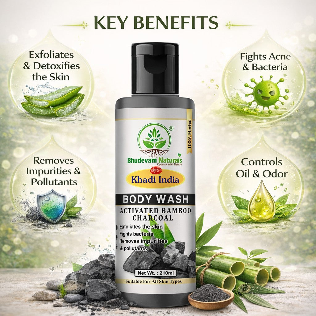 Bhudevam Naturals Khadi Bamboo Charcoal Body Wash – Skin Detox & Oil Control Shower Gel- 210ML