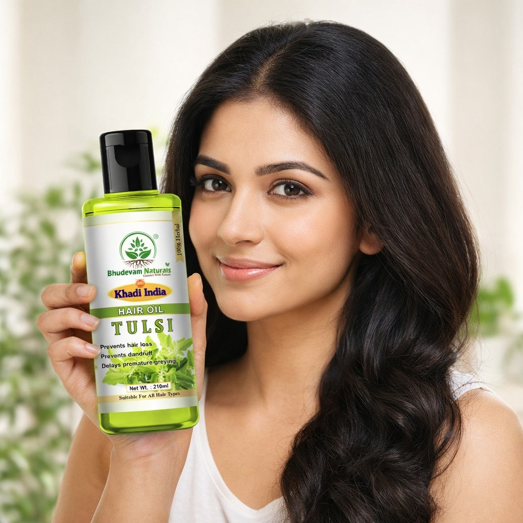 Bhudevam Naturals Khadi Tulsi Hair Oil Reduces Hair Fall & Strengthens Roots Naturally- 210ML
