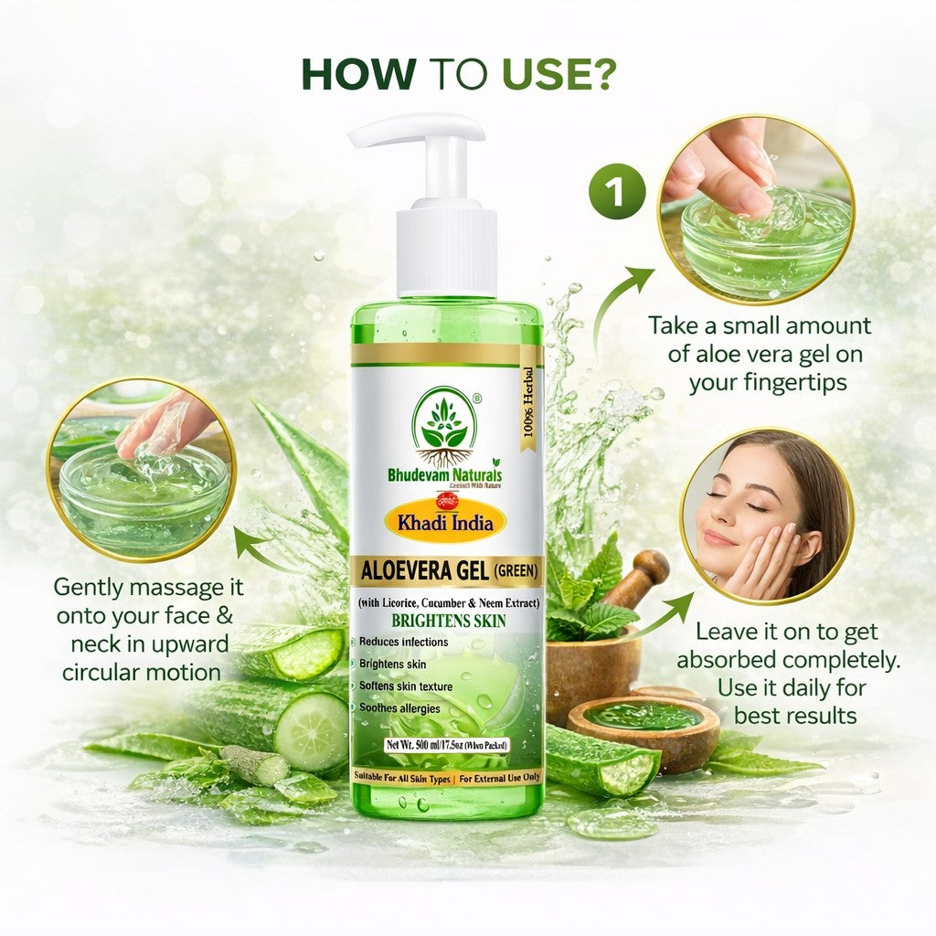 Bhudevam Naturals Khadi Pure Aloe Vera Gel | Lightweight Non-Sticky  green Gel for Skin Hydration, Acne Control, Hair Care & Skin Brightening- 500GM
