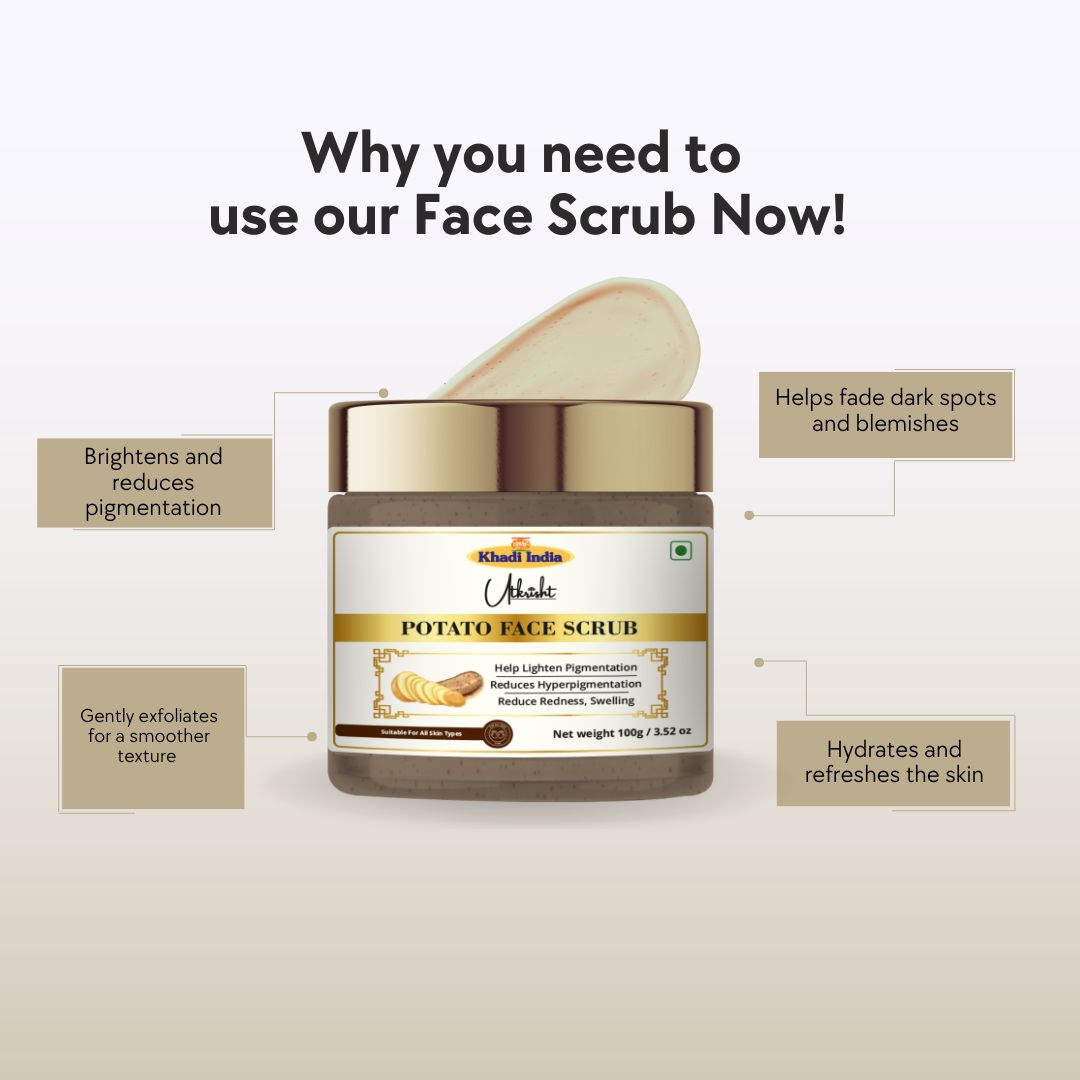 Khadi Potato Face Scrub | Natural Exfoliating Scrub with Potato Extract | Helps Remove Dead Skin, Dirt & Surface Impurities | De-Tan, Pigmentation & Skin Brightening Care | Helps Improve Skin Texture & Glow | For All Skin Types | 100 gm