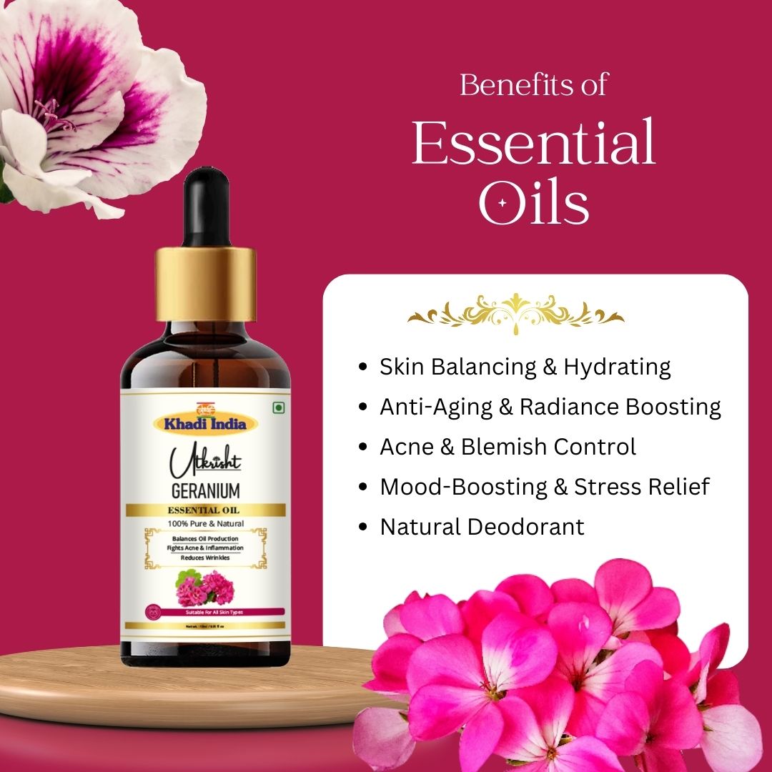 Khadi Geranium Essential Oil – 100% Pure & Natural Aromatherapy Oil for Skin, Hair & Stress Relief