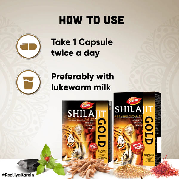 Dabur Shilajit Gold Vitality Capsules for Men | For Immunity, Strength, Stamina & Power- Pack of 30 Capsules+6 Capsules Free