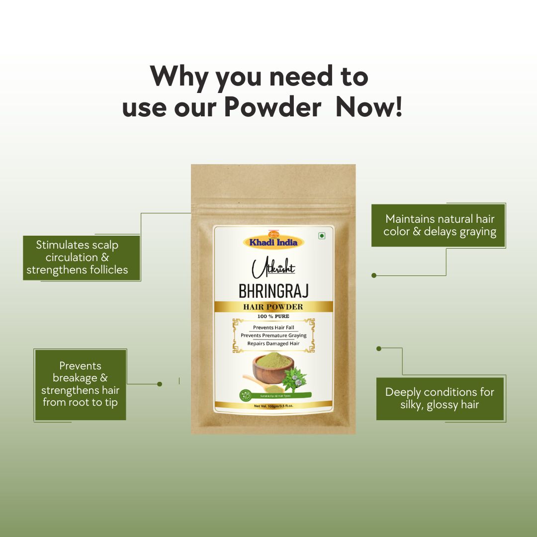 Khadi Bhringraj Powder for Hair & Scalp | 100% Natural Bhringraj Leaf Powder | Hair Fall, Hair Strength & Scalp Nourishing Care | Helps Improve Hair Texture & Shine | Herbal Hair Pack | For All Hair Types | 100 gm