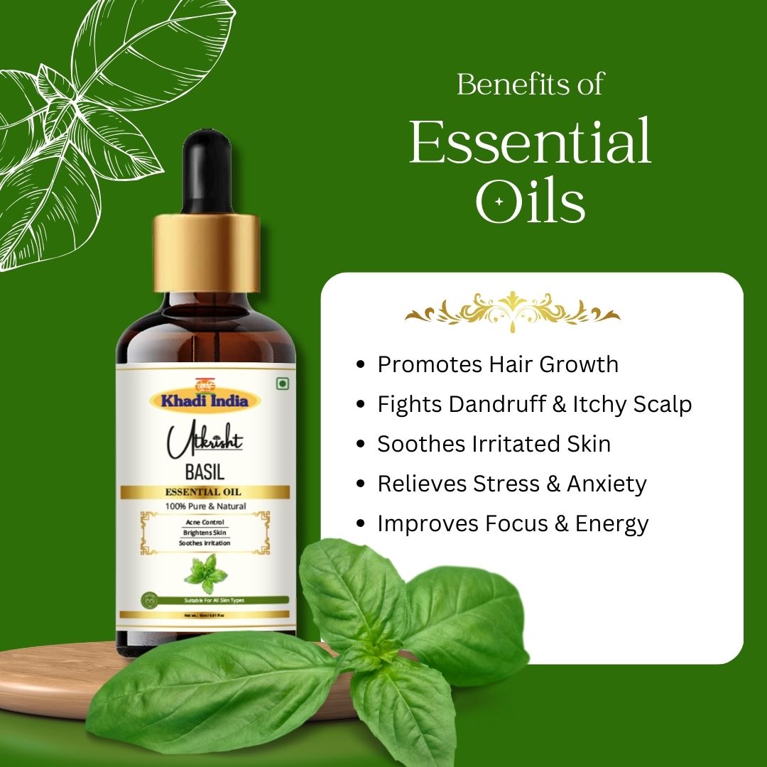 Khadi Basil Essential Oil | Pure & Natural Basil Oil for Hair & Scalp Care | Herbal Essential Oil for Dandruff & Aromatherapy | Helps Support Healthy-Looking Hair & Relaxation | 15 ml