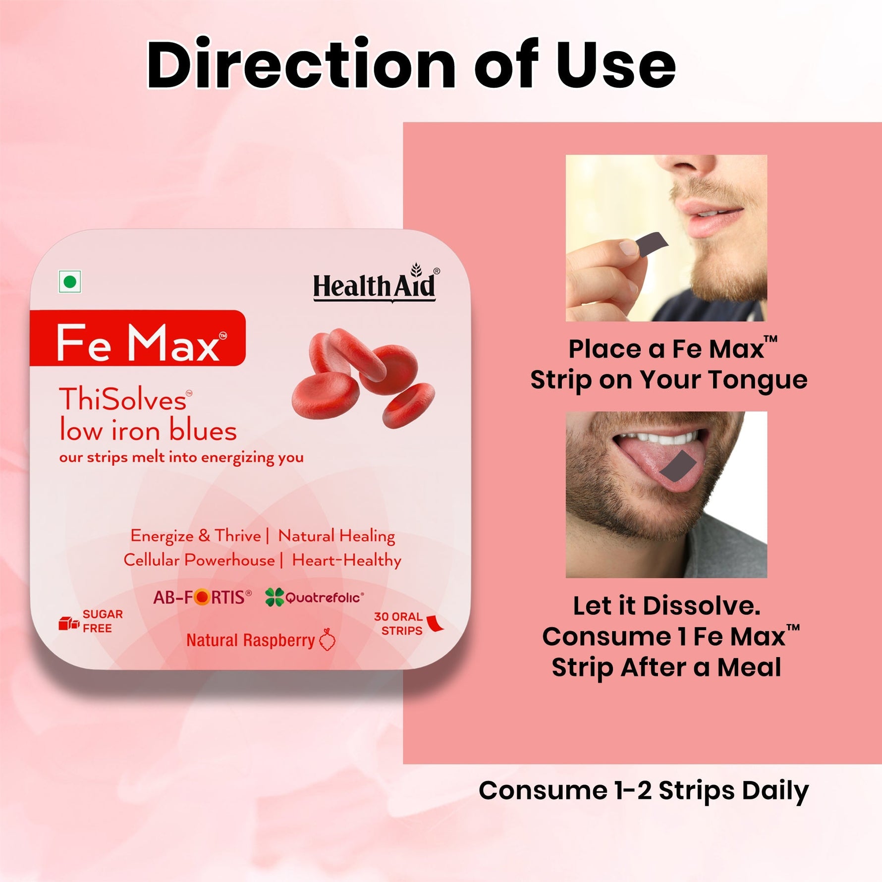 HealthAid Fe Max ThiSolves Disintegrating Strip Natural Raspberry Sugar Free - 30 Oral Strip