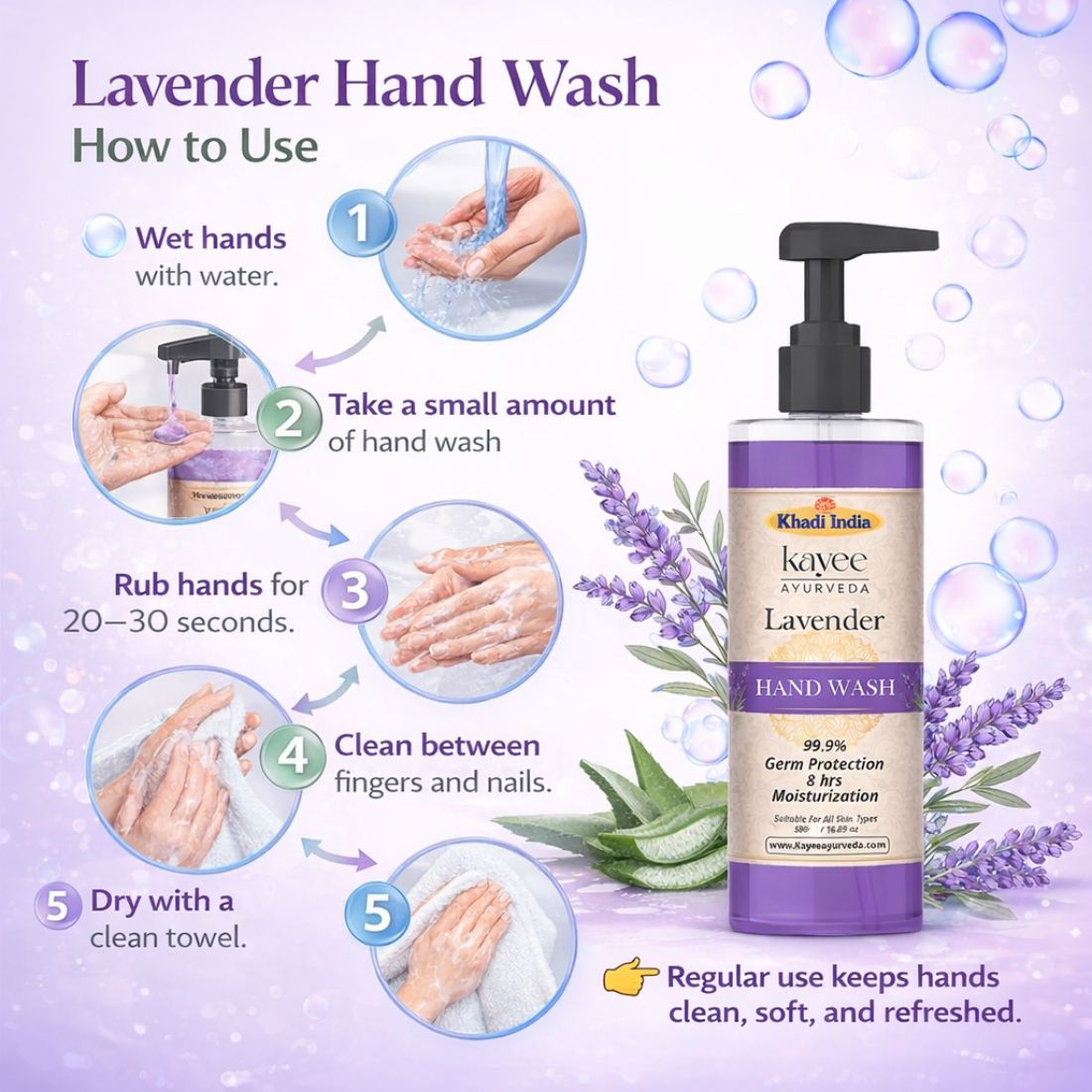 Kayee Ayurveda Lavender Hand Wash | Gentle Herbal Liquid Hand Wash with Lavender | Cleansing Hand Wash for Clean, Fresh & Soft-Feeling Hands | Daily Hand Hygiene with Refreshing Floral Fragrance | Suitable for Everyday Use | 500 ml