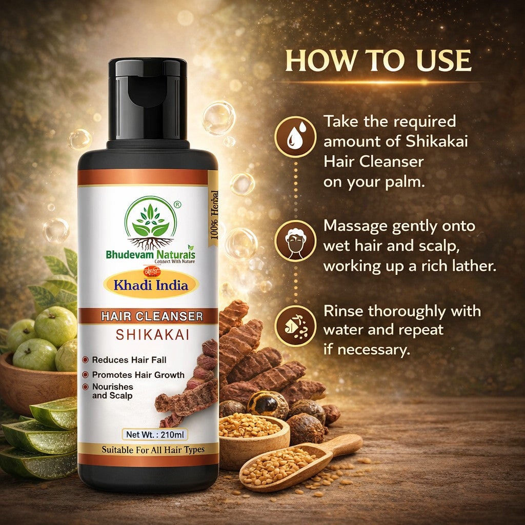 Bhudevam Naturals Khadi Shikakai Herbal Shampoo – Frizz Control & Scalp Nourishment- 210ML