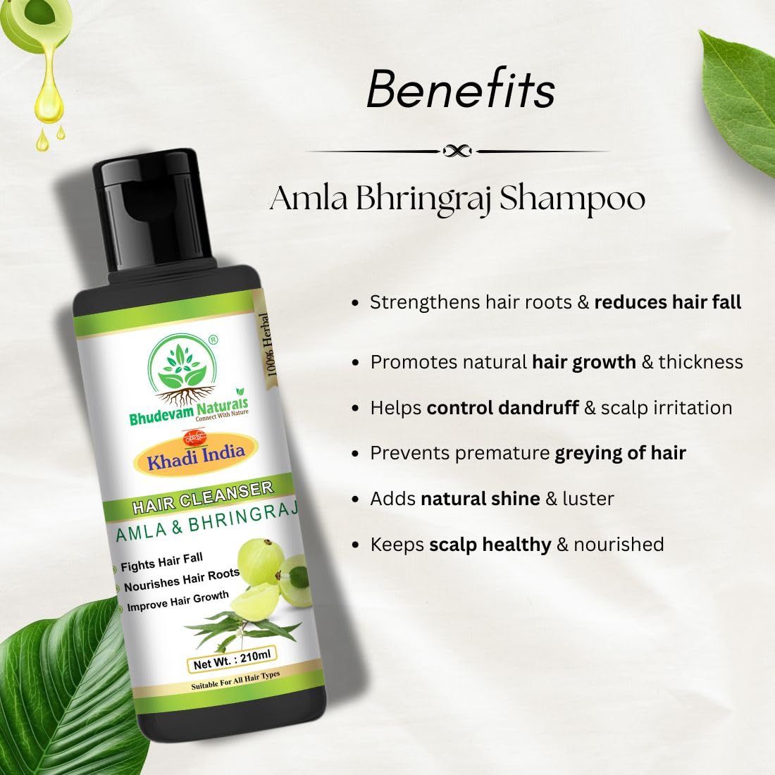 Bhudevam Naturals Khadi Amla Bhringraj Herbal Shampoo for Hair Fall Control & Strong Hair- 210ML