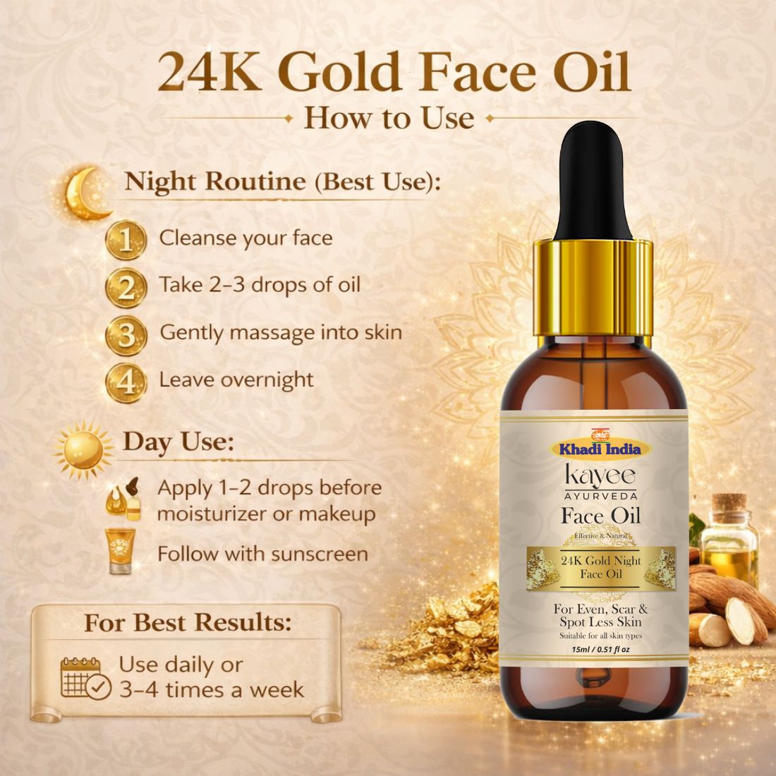 Kayee Ayurveda 24K Gold Night Facial Oil, Luxury-Inspired Overnight Skincare Oil for Face, Helps Moisturize Skin and Improve the Appearance of Dullness & Uneven Tone, Daily Night Care for Women & Men | 15 ml