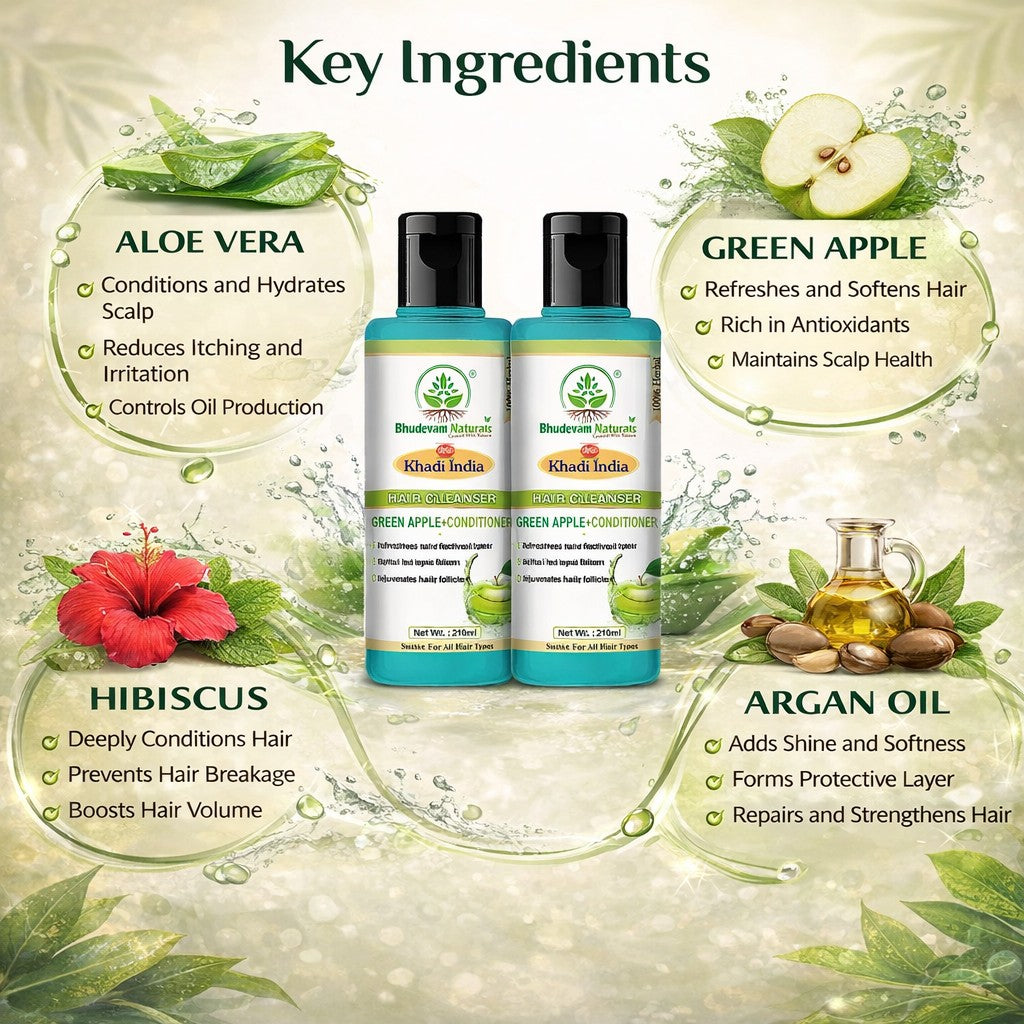 Bhudevam Naturals Khadi Green Apple Hair Shampoo + Conditioner for Soft, Silky & Frizz-Free Hair- 420ML (Pack of 2)