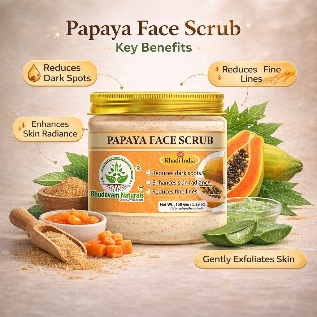 Bhudevam Naturals Khadi Papaya Face Scrub for Tan Removal – Exfoliating Scrub for Dead Skin, Dark Spots & Skin Glow- 150GM