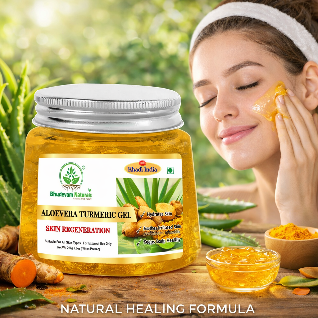 Bhudevam Naturals Khadi Aloe Vera Turmeric Gel for Face & Hair – Skin Brightening, Anti-Acne & Hydrating Moisturizer- 200GM